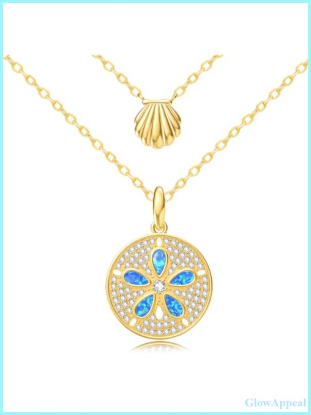 14k Gold Plated Blue Opal Sand Dollar Pendant Necklace Adjustable Chain